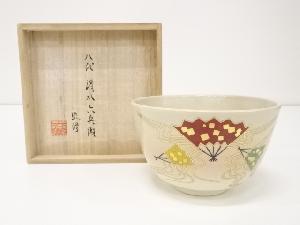 京焼　六兵衛窯造　色絵扇流し茶碗（共箱）